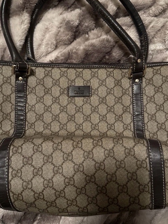 Gucci Handbags - Gucci Beige GG Canvas Tote with Dark Brown Leather Trim
